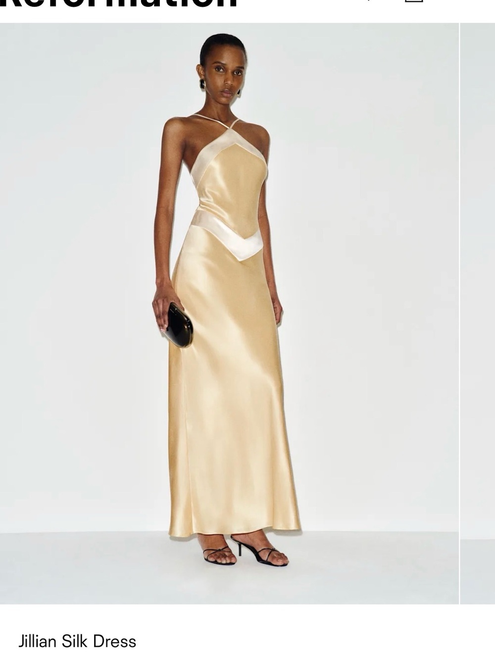 Reformation Pale Yellow Satin Halter Maxi with Cream Trim